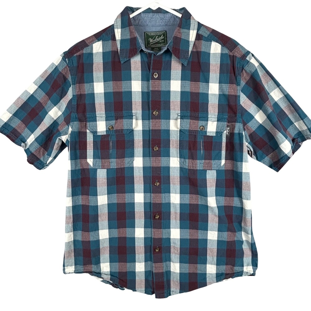 Woolrich Mens Blue Burgundy Plaid Short Sleeve Cotton Button Down Shirt Size M